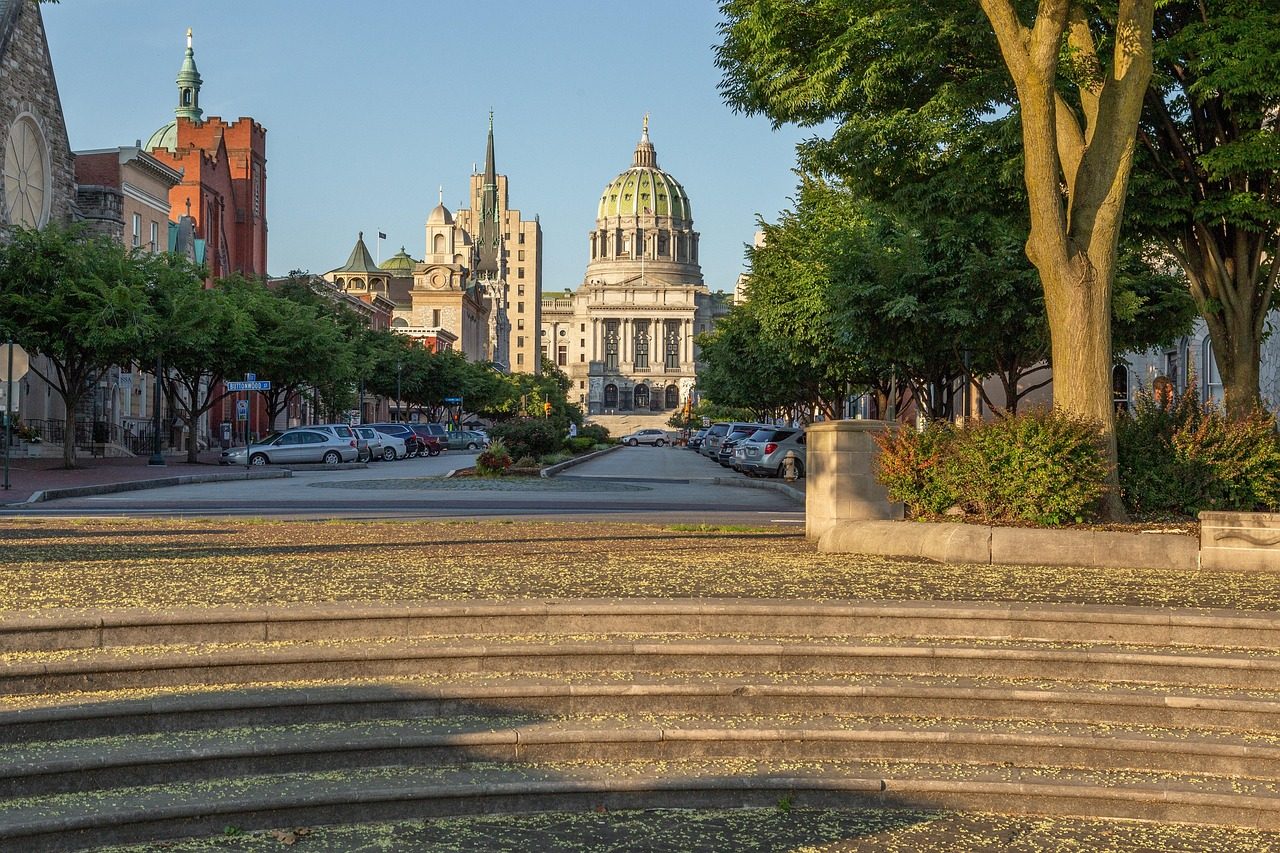 The Pennsylvania State Capitol dome seen down State Street in Harrisburg