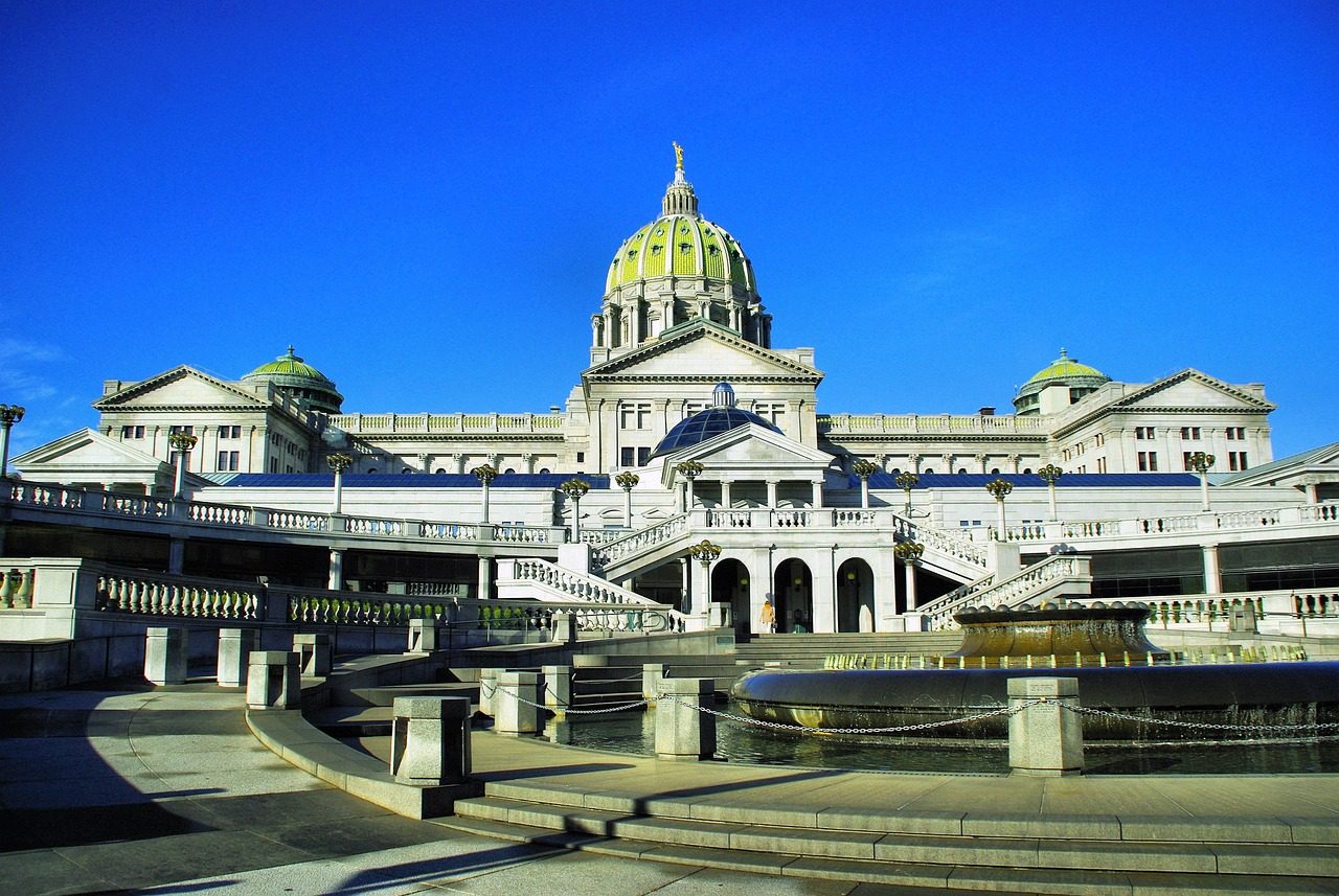 The Pennsylvania State Capitol in Harrisburg, with its fountain plaza in front