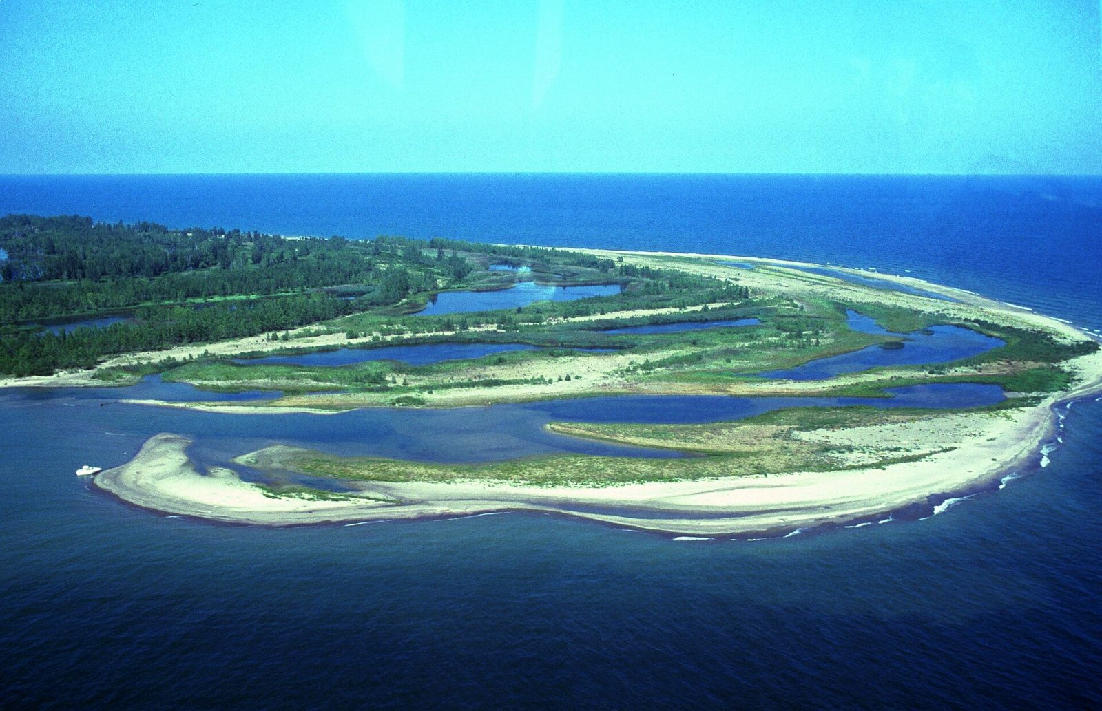 Aerial view of the hooked peninsula of Presque Isle State Park on Lake Erie